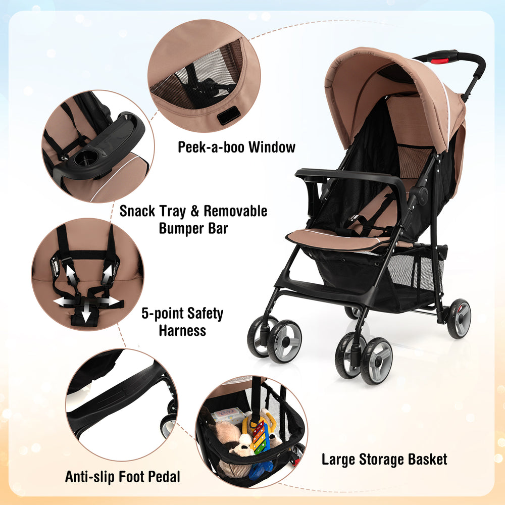 Toddler travel stroller in coffee with adjustable backrest, 5-point harness, and large storage basket for convenience.