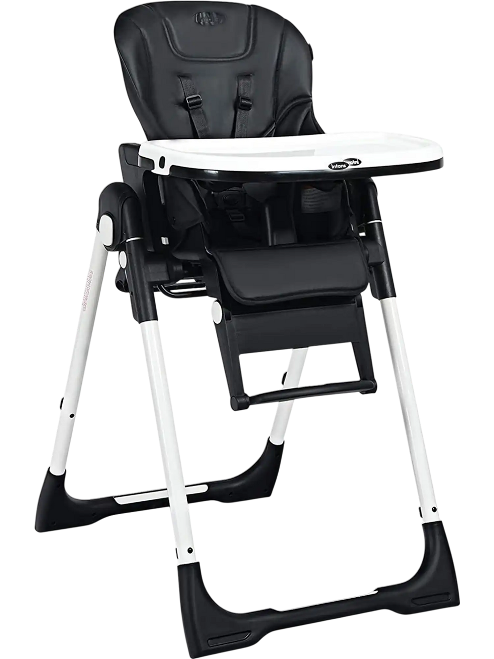 Adjustable black high chair with removable tray, 5-point safety belt, and 7 height positions for growing babies.