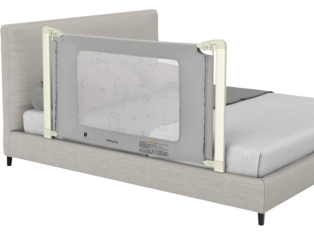 Toddler bed rail guard with adjustable height, seamless design, and double safety lock for twin to queen mattresses.