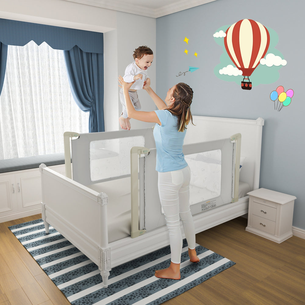 Toddler bed rail guard with adjustable height and safety lock, designed for twin to queen mattresses for safe sleeping.