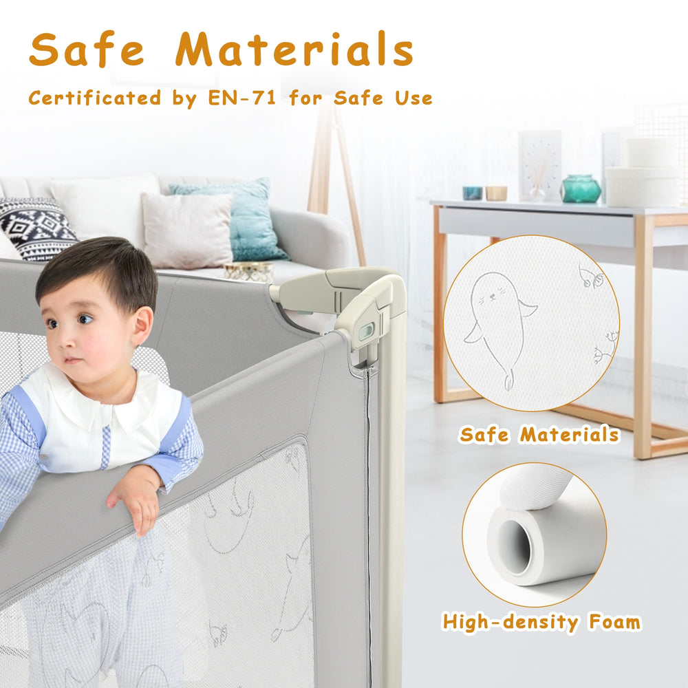 Toddler bed rail guard with adjustable height, double safety lock, and soft polyester for safety and durability.