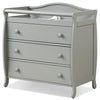 Gray baby changing table with three drawers, safety belt, and sturdy legs for diaper changing and storage convenience.