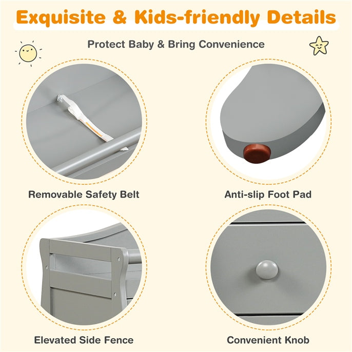 Gray baby changing table with three drawers, removable safety belt, and anti-slip foot pads for added safety and.