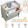 Gray baby changing table with three drawers, safety belt, and ample storage for diapers and baby products.