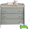 Gray baby changing table with three drawers and safety belt, perfect for diaper changing and storage in nurseries.