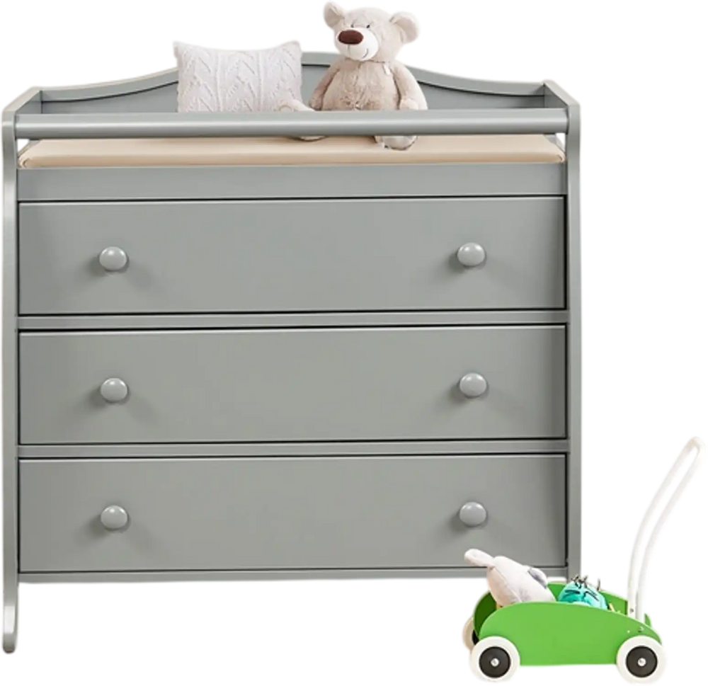 Gray baby changing table with three drawers and safety belt, perfect for diaper changing and storage in nurseries.