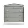 Gray baby changing table with three drawers and safety belt, designed for diaper changing and baby product storage.
