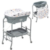 Portable baby changing table in gray with storage basket, adjustable heights, and foldable design for easy use.