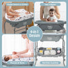 Portable baby changing table in gray with storage basket, adjustable heights, and waterproof fabric for easy cleaning.