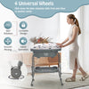 Portable baby changing table in gray with 4 lockable wheels, storage basket, and adjustable height for convenience.