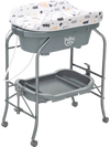 Portable baby changing table in gray with storage basket, adjustable heights, and lockable wheels for easy mobility.