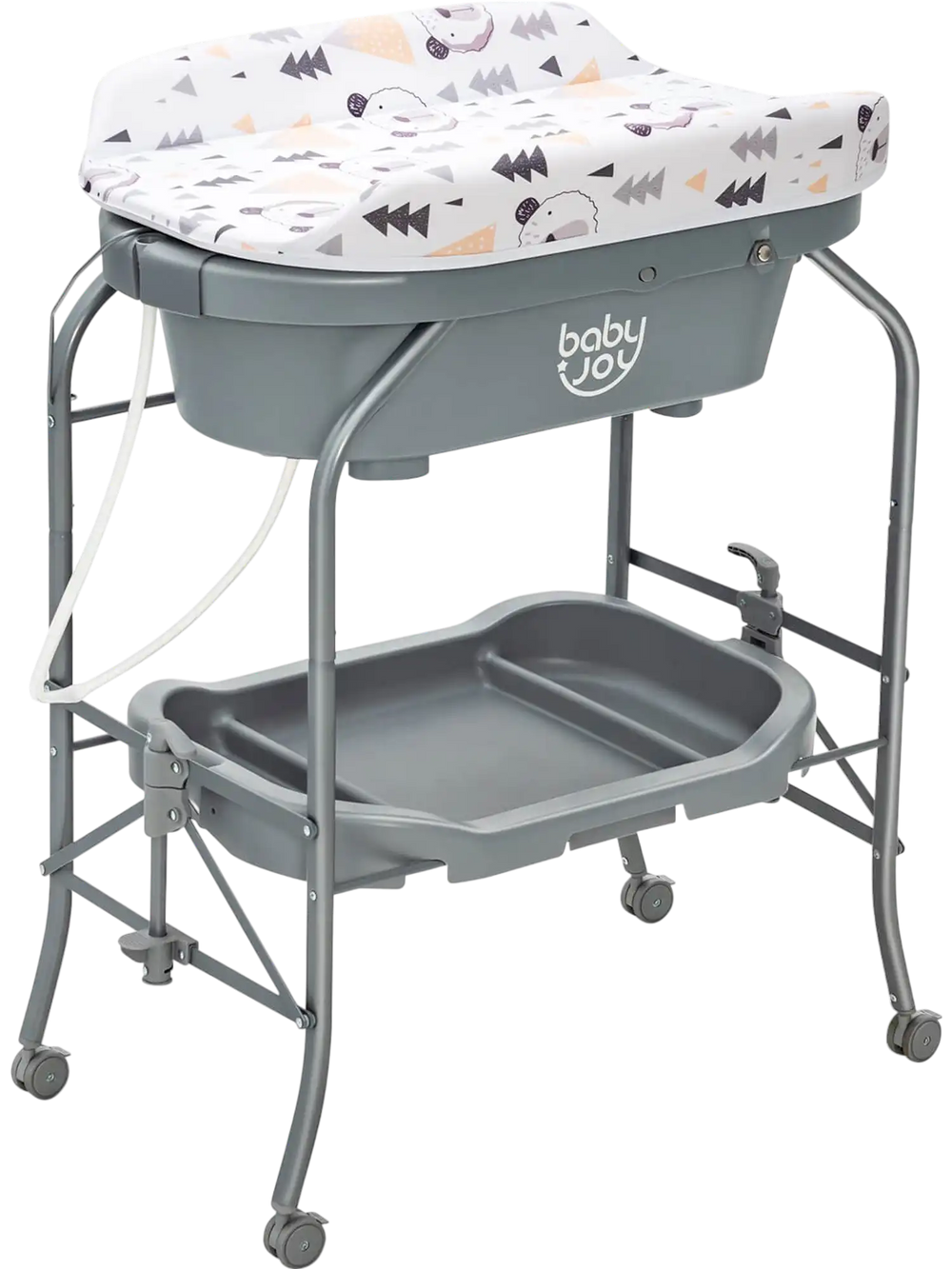 Portable baby changing table in gray with storage basket, adjustable heights, and lockable wheels for easy mobility.