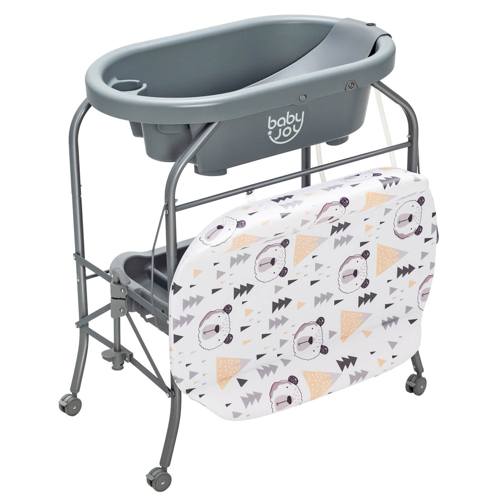 Portable baby changing table in gray featuring a side basket, four adjustable heights, and foldable design for compact.