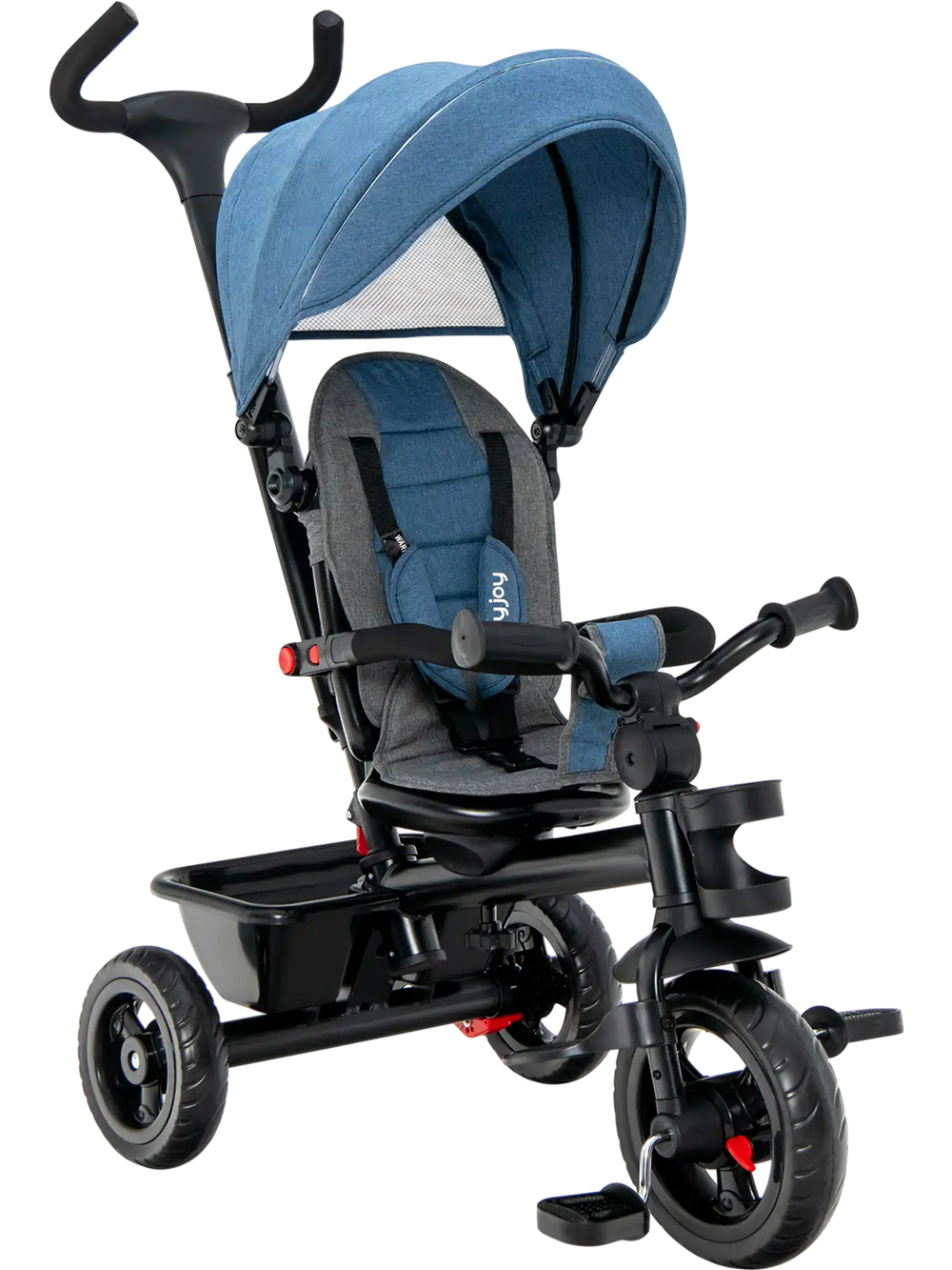 4-in-1 baby tricycle in blue with adjustable canopy, reversible seat, and safety features for versatile outdoor use.