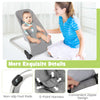 Light gray baby bouncer seat with 5-point harness and aluminum frame, designed for comfort and easy cleaning.