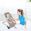 Light gray baby bouncer seat with aluminum frame, featuring a 5-point harness for safety and ergonomic design for.