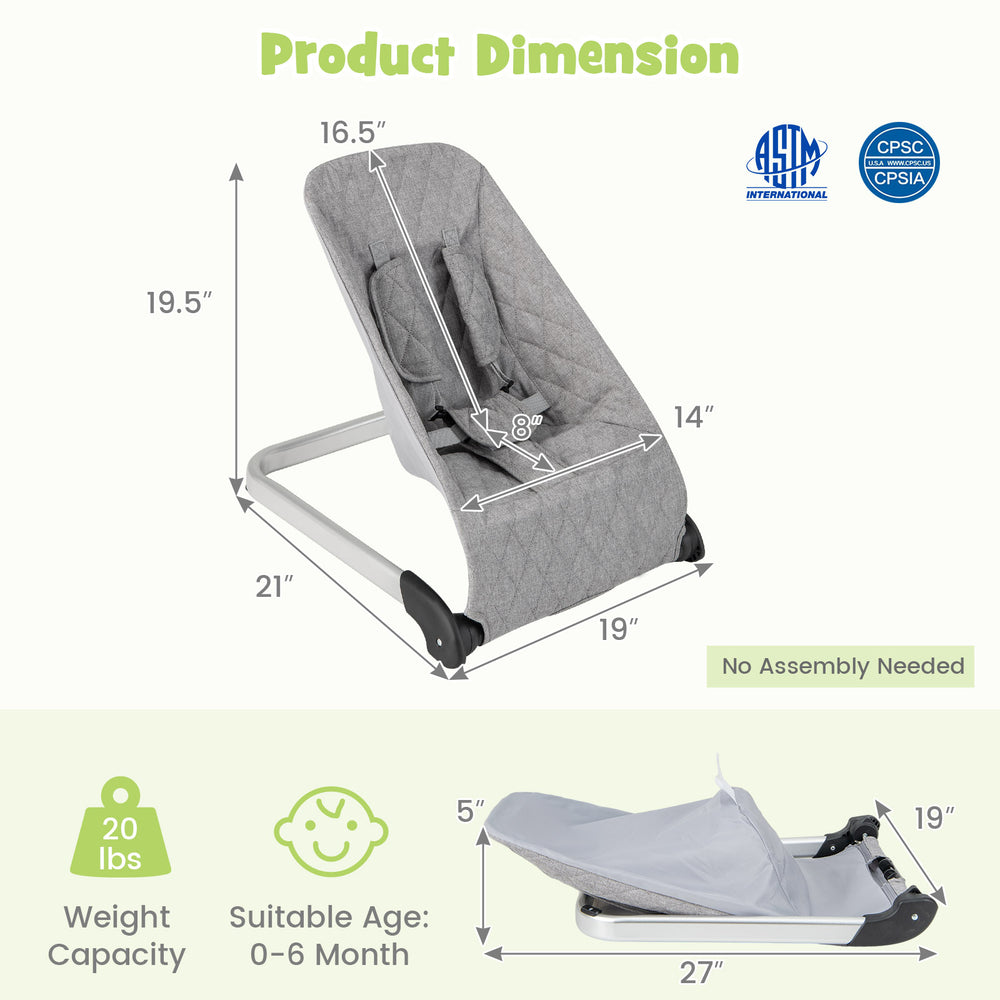 Light gray baby bouncer seat with aluminum frame, dimensions shown, suitable for 0-6 months, no assembly needed.