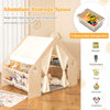Kids play tent playhouse in beige with 6 storage bins, blackboard, and removable floor cushion for organized fun.