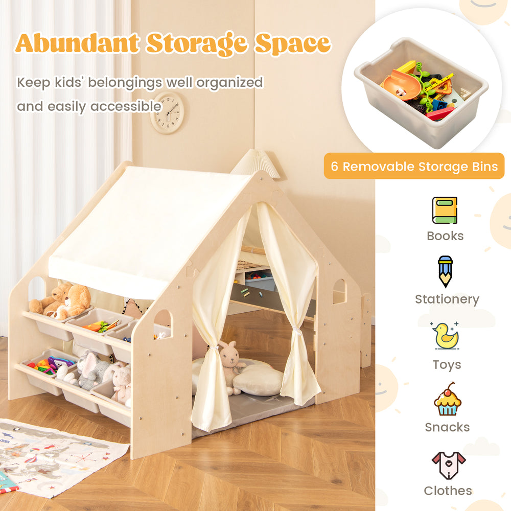Kids play tent playhouse in beige with 6 storage bins, blackboard, and removable floor cushion for organized fun.