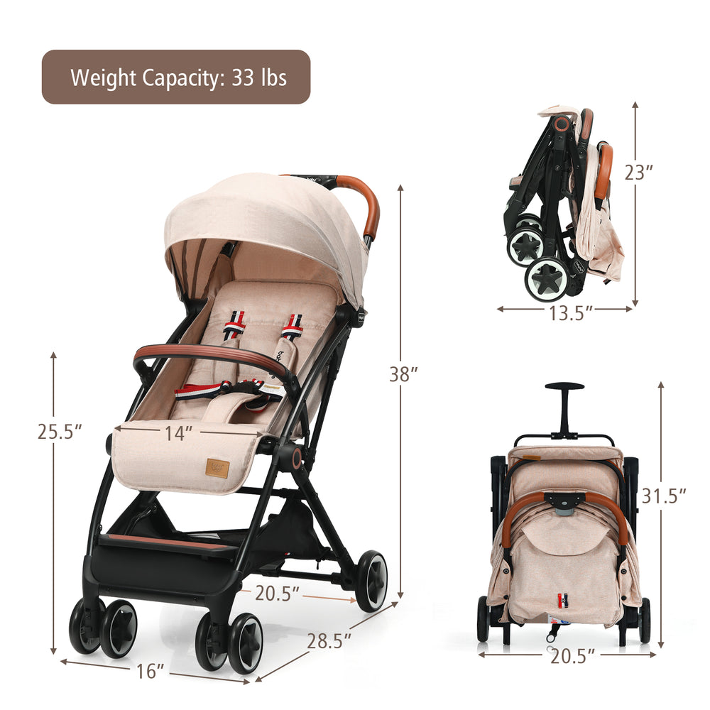 Lightweight aluminium frame baby stroller in net-beige with adjustable features, safety belt, and quick folding design.