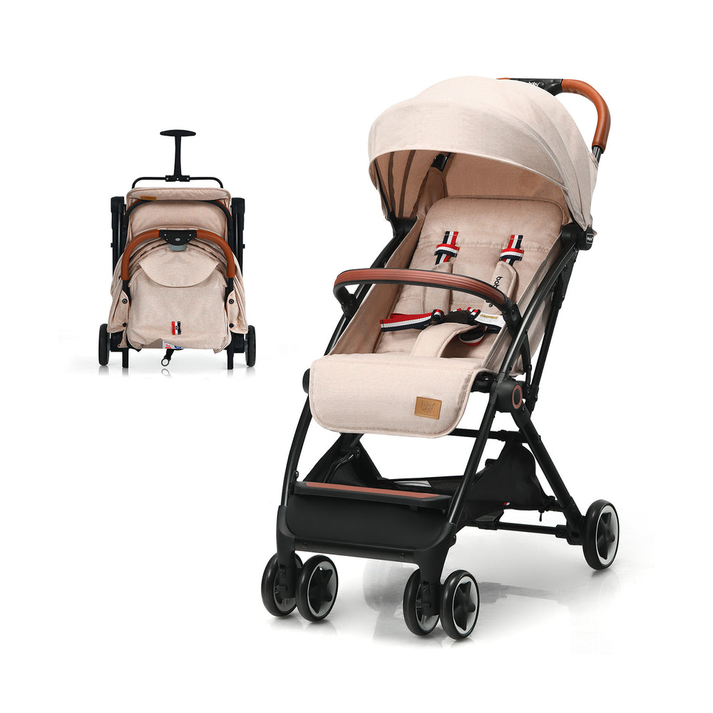 Lightweight aluminium frame baby stroller in net-beige, featuring adjustable backrest, telescopic canopy, and quick.