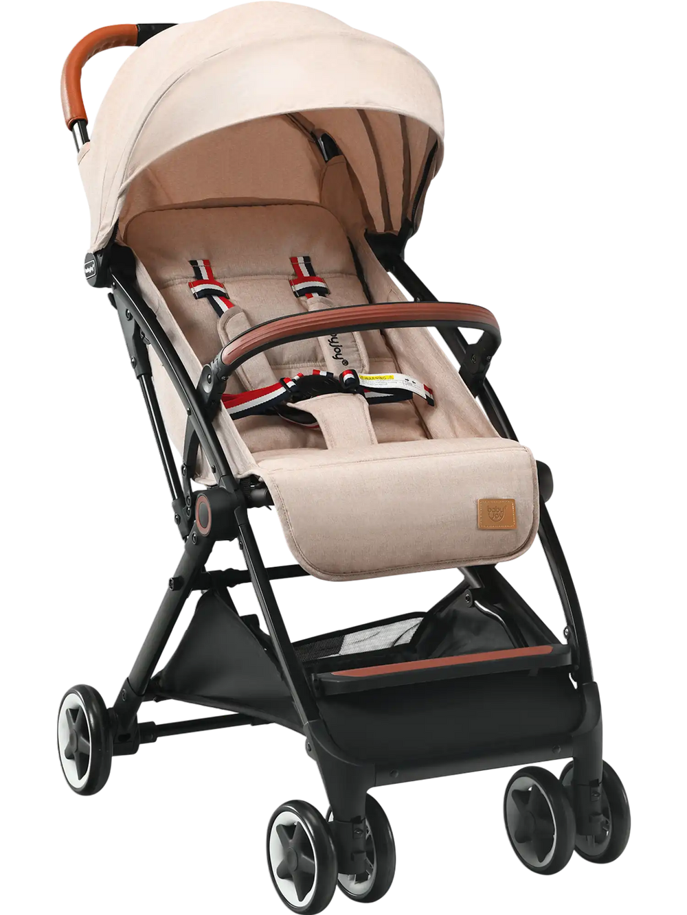 Lightweight aluminium frame baby stroller in net-beige with adjustable backrest, safety belt, and telescopic canopy.