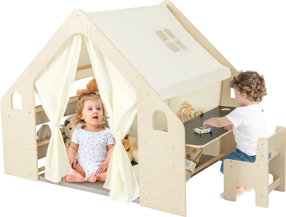 Kids playhouse with blackboard, storage bins, and floor cushion in beige, perfect for interactive play and learning.