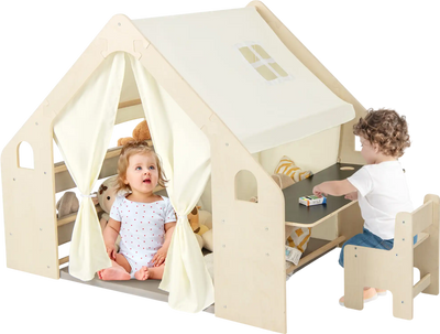 Costway Kids 6-in-1 Play Tent Playhouse w/ Blackboard Storage Bins Floor Cushion 49867231 New