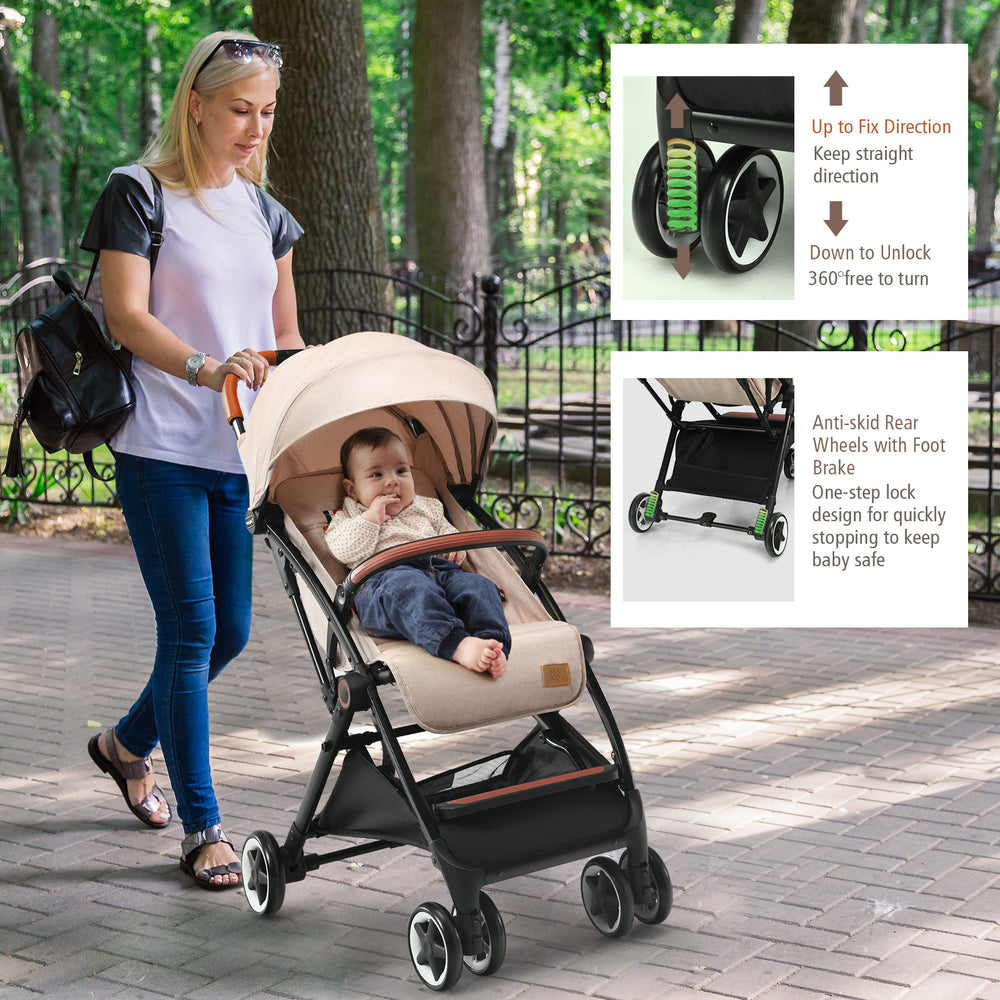 Lightweight baby stroller in net-beige with adjustable canopy, safety belt, and smooth wheels for easy maneuverability.