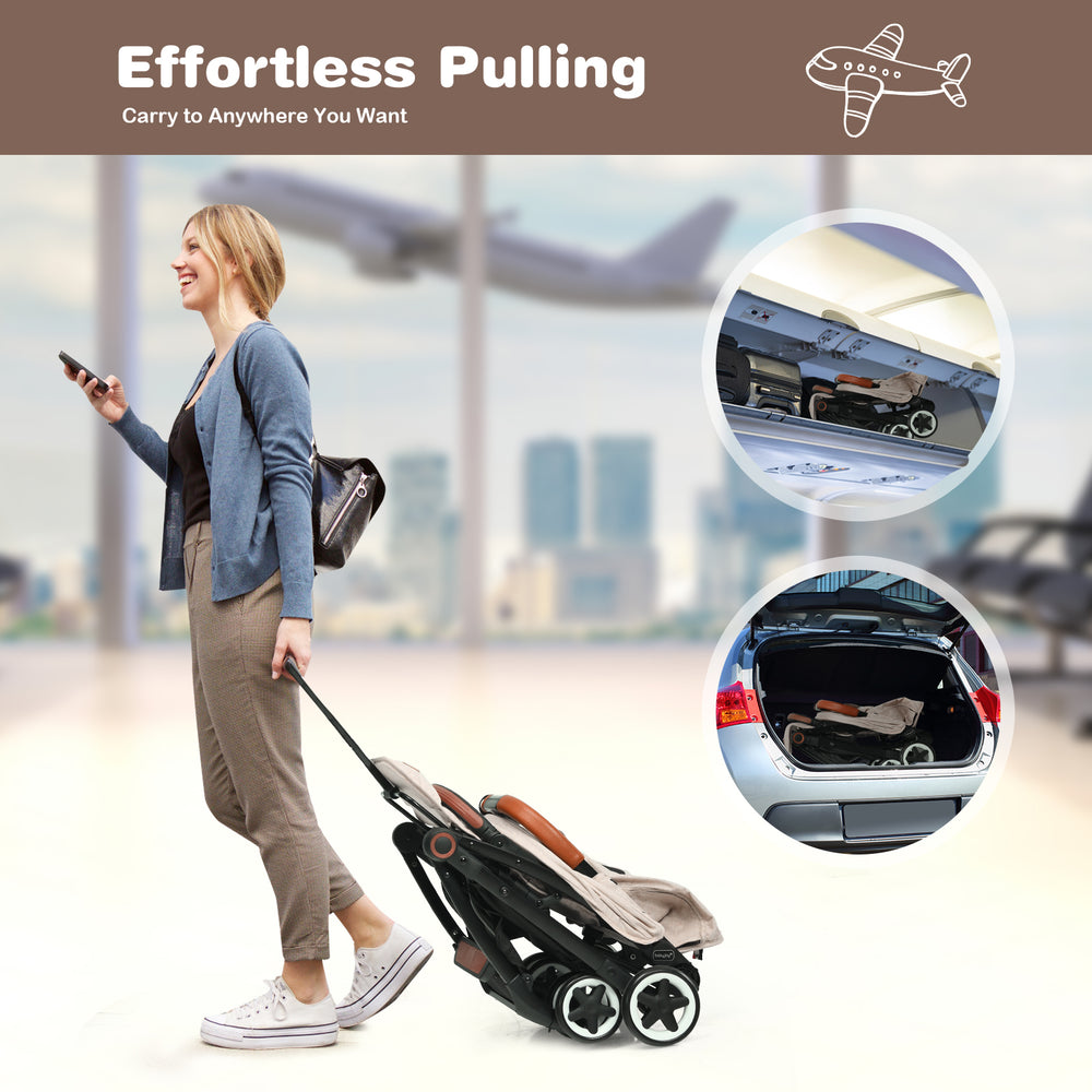 Lightweight aluminium frame baby stroller in net-beige, featuring a telescopic canopy and one-button quick folding for.