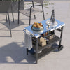 Foldable outdoor cart with stainless steel top, 3-tier storage, and wheels for easy mobility, ideal for food prep.