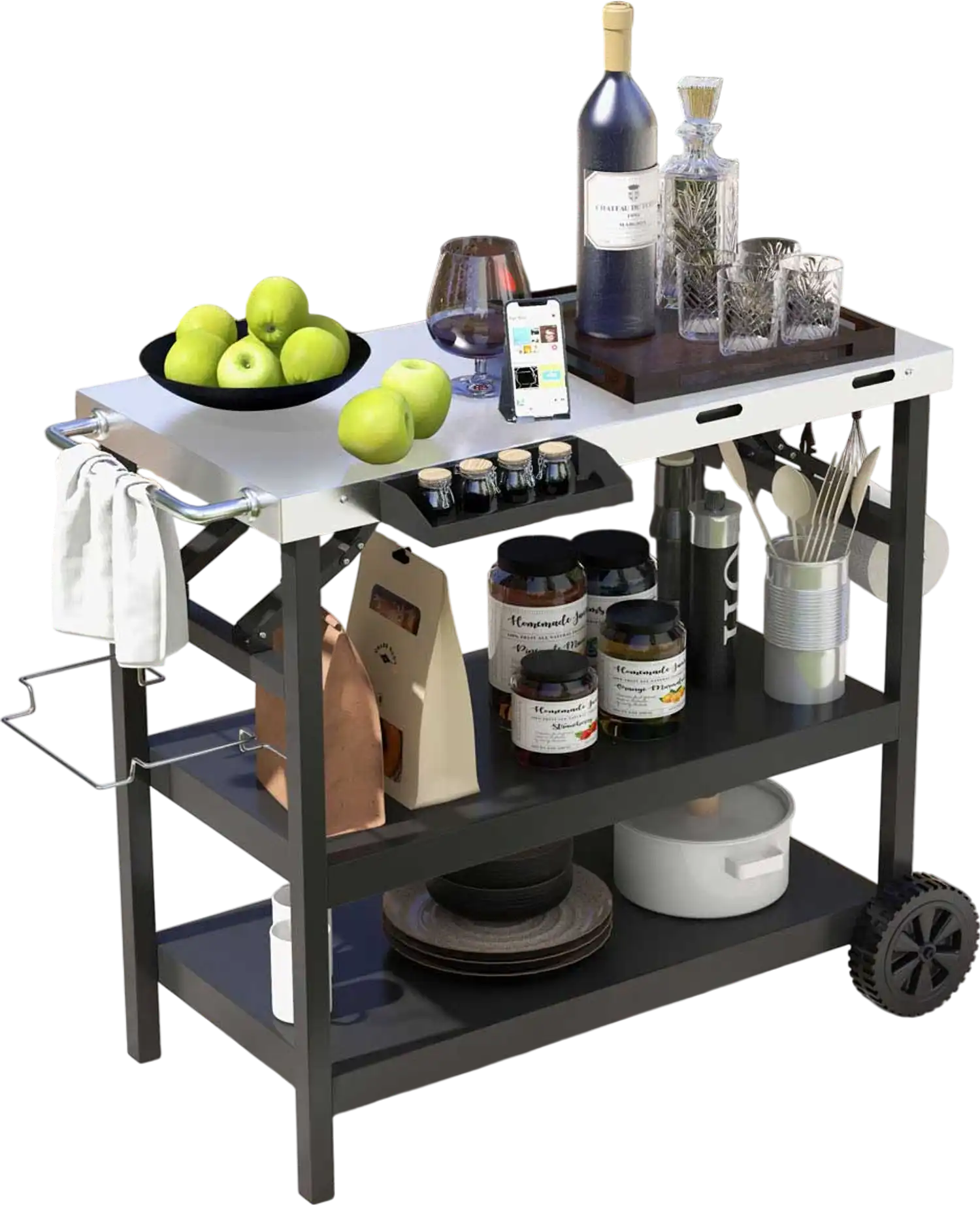 Costway 3-Tier Foldable Outdoor Grill Cart w/ 2 Wheels Phone Holder Black 61248973 New