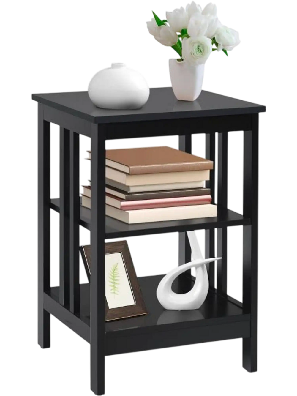 3-tier black nightstand with round corners, featuring open compartments for storage and display in living room or.