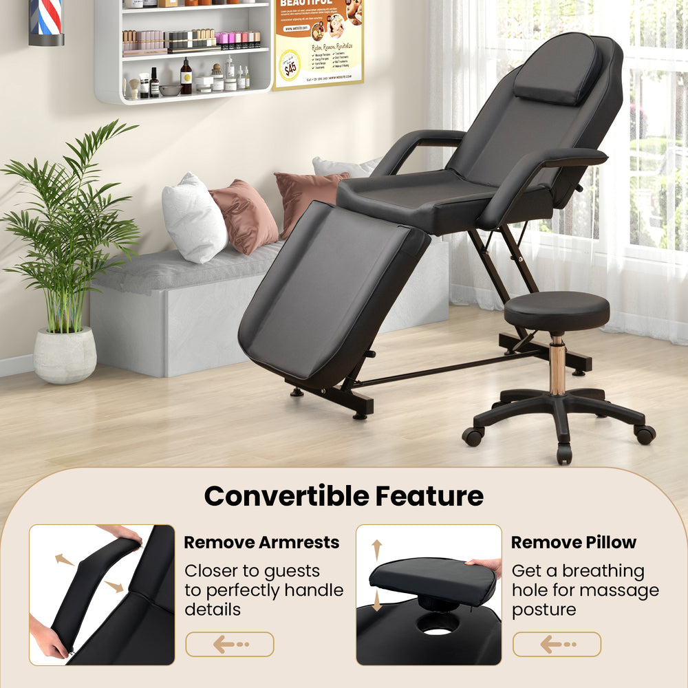 Facial chair set in black with removable headrest and armrests, designed for ergonomic support and spa treatments.