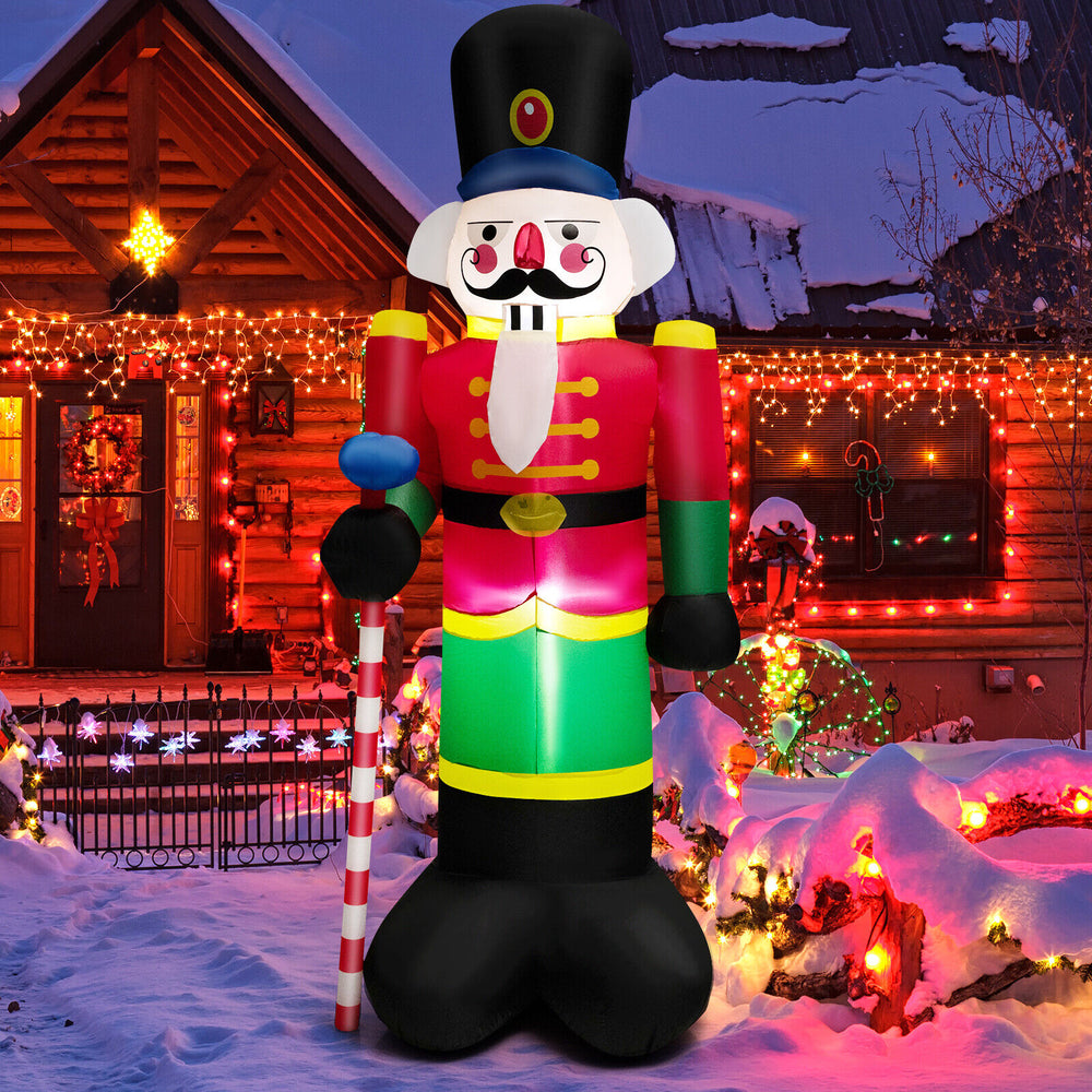 Inflatable 8-foot nutcracker soldier with LED lights, made of waterproof polyester, perfect for outdoor Christmas decor.