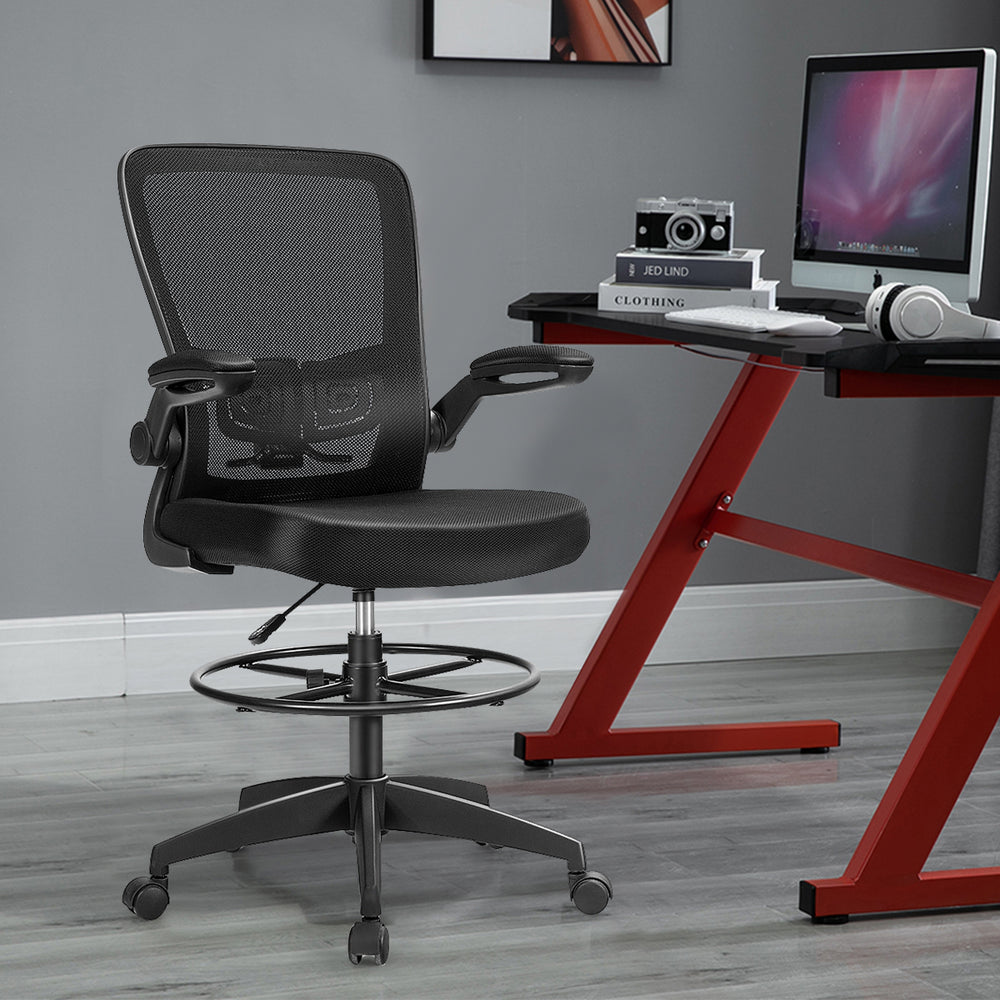 Height adjustable drafting chair with a breathable mesh back and adjustable foot ring, perfect for ergonomic comfort at.
