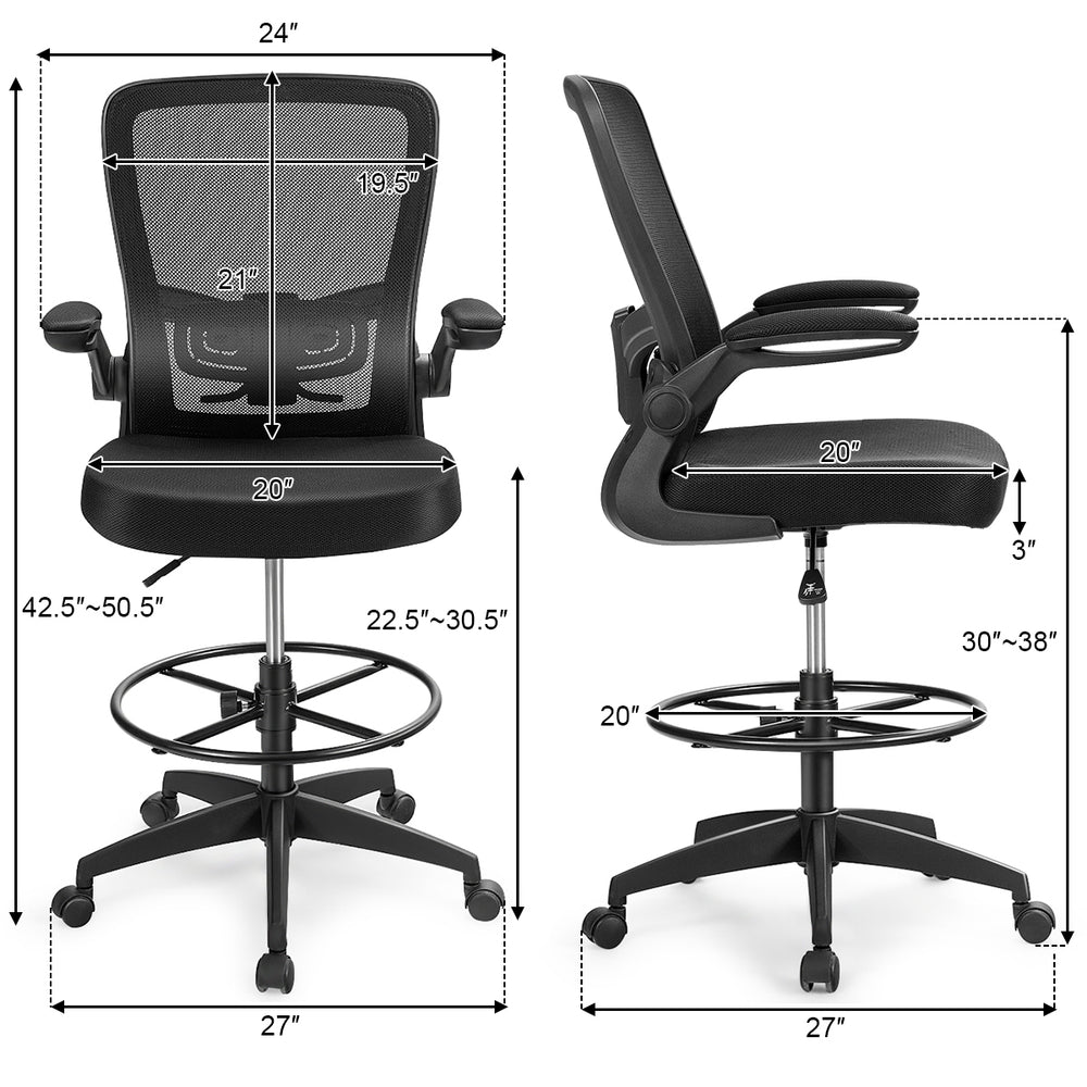 Height adjustable drafting chair with flip-up arms, ergonomic backrest, and breathable mesh fabric for all-season.