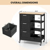Rolling kitchen island utility storage cart in black with 3 large drawers and open shelves, ideal for food prep and.