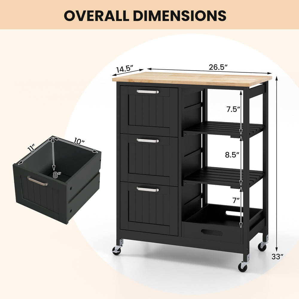 Rolling kitchen island utility storage cart in black with 3 large drawers and open shelves, ideal for food prep and.