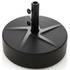 Patio umbrella base in black, 88 lbs capacity, fillable with water or sand, compatible with various umbrella sizes.