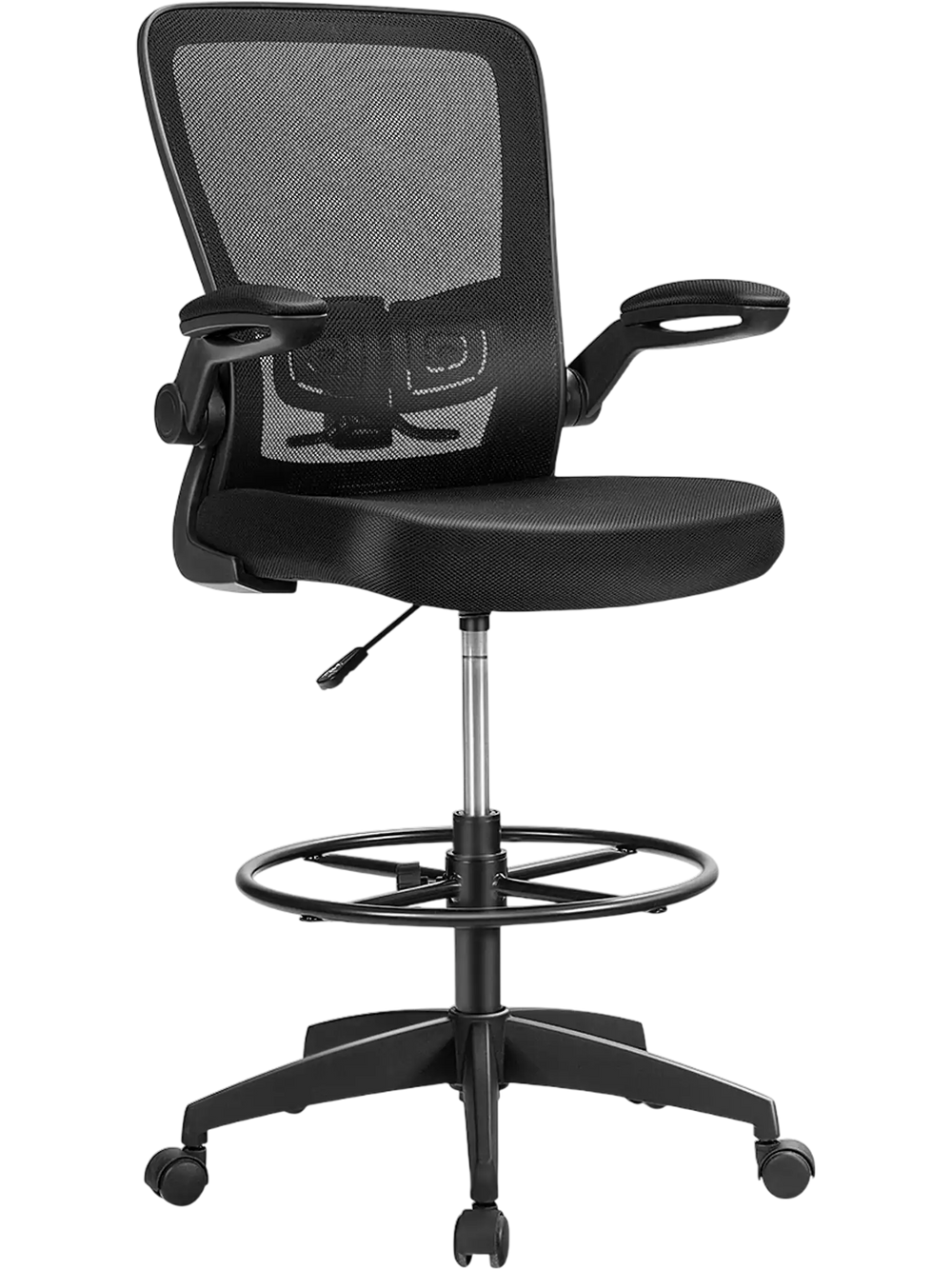 Height adjustable drafting chair in black with flip-up arms and ergonomic backrest for comfortable seating.