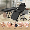Black facial chair set with a 360° swivel stool, removable armrests, and towel rack for versatile spa and massage.