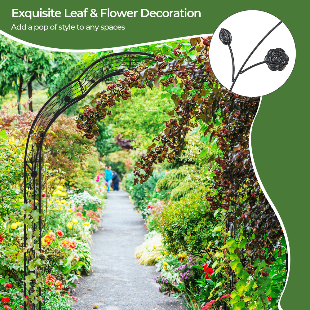 Black garden arch trellis for climbing plants, featuring an elegant design for outdoor decoration and support.
