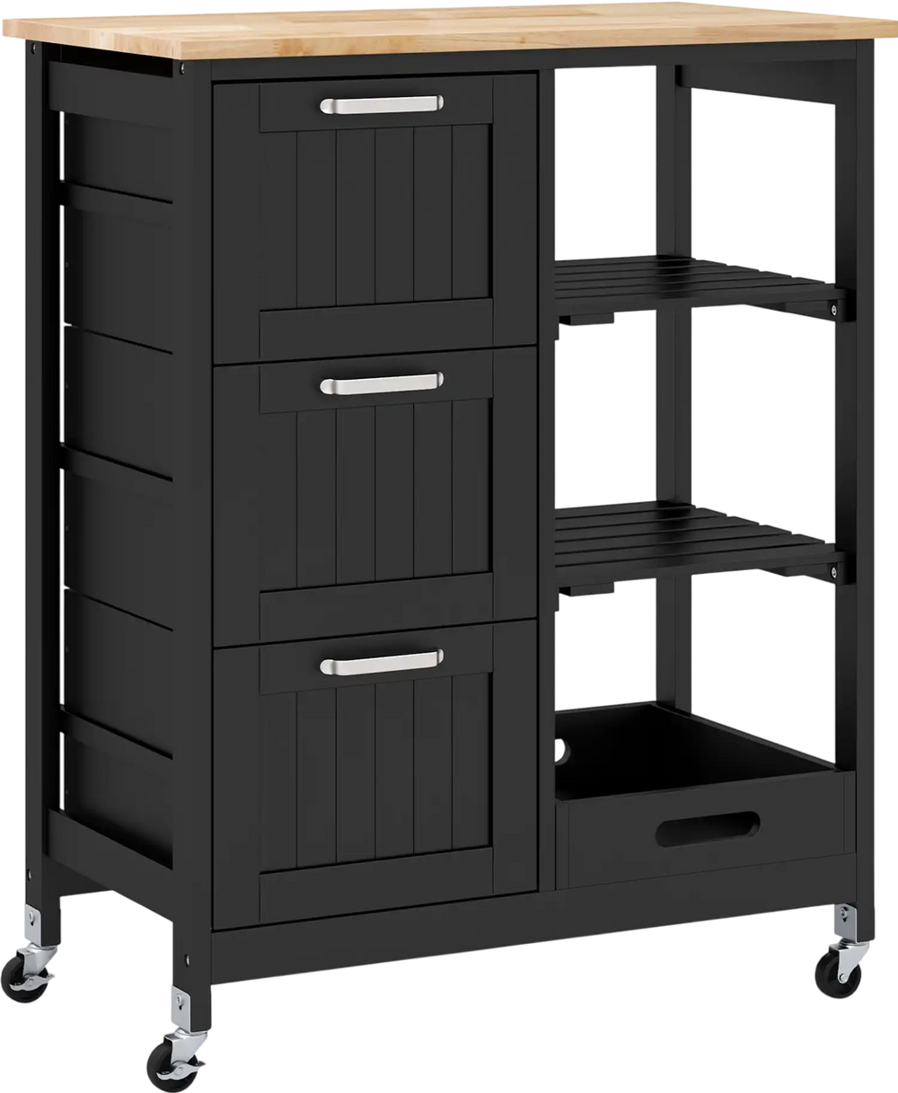 Rolling kitchen island utility storage cart in black with rubber wood countertop, 3 large drawers, and 3 open shelves.