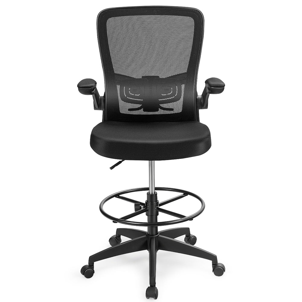 Height adjustable drafting chair in black with flip-up arms, ergonomic backrest, and breathable mesh for comfort.