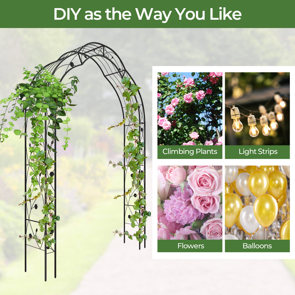 Black garden arch arbor trellis for climbing plants, featuring a sturdy metal frame, ideal for outdoor decoration.