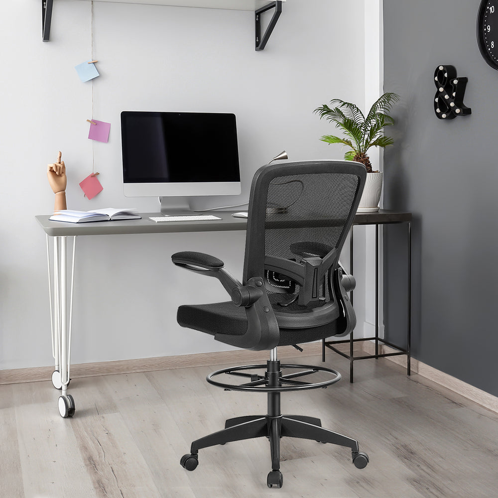 Height Adjustable Drafting Chair with Flip Up Arms-Black - Gallery View 1 of 15