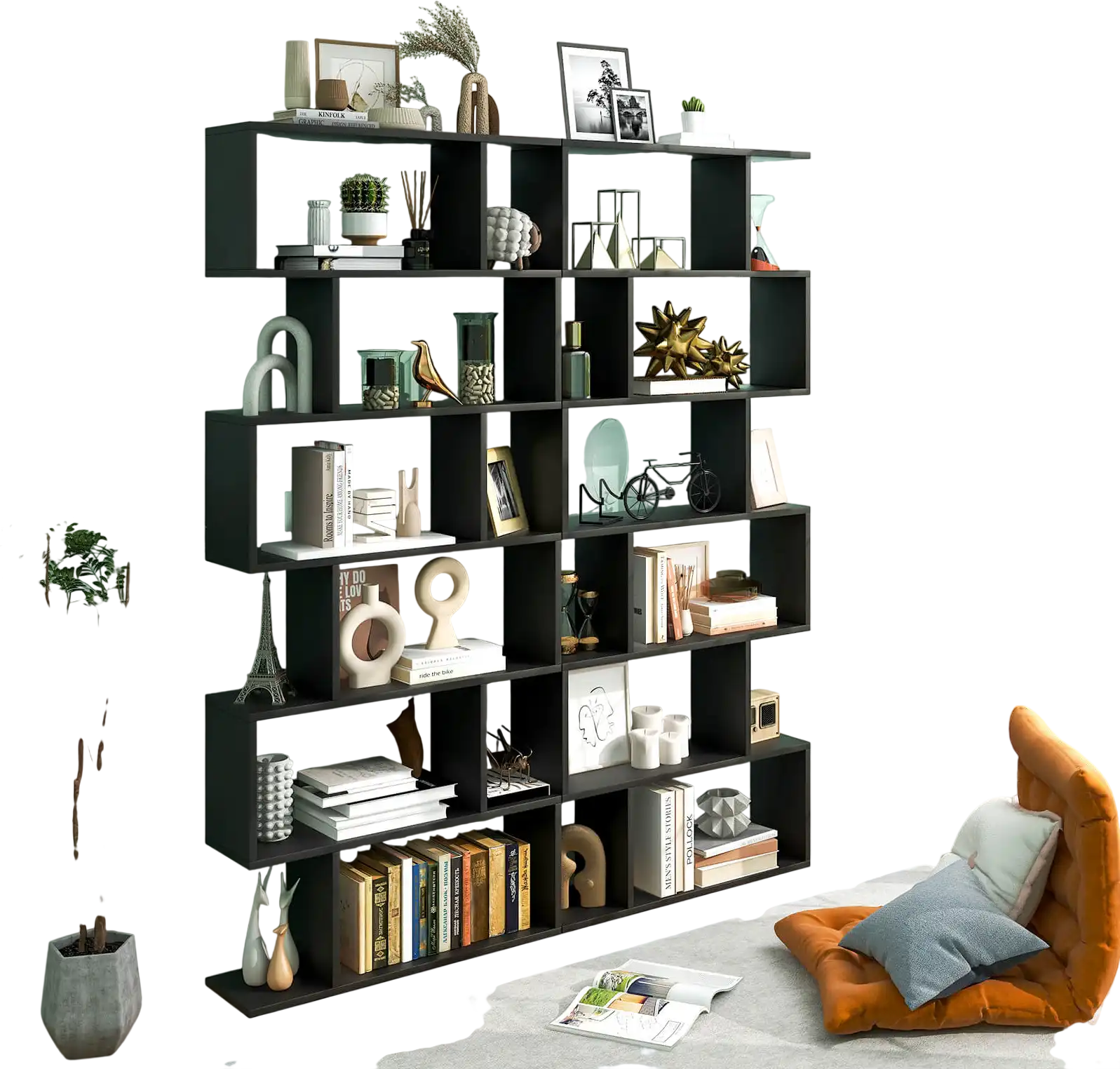 Costway 6 Tier S-Shaped Bookshelf Storage Display Bookcase Black 83752164 New