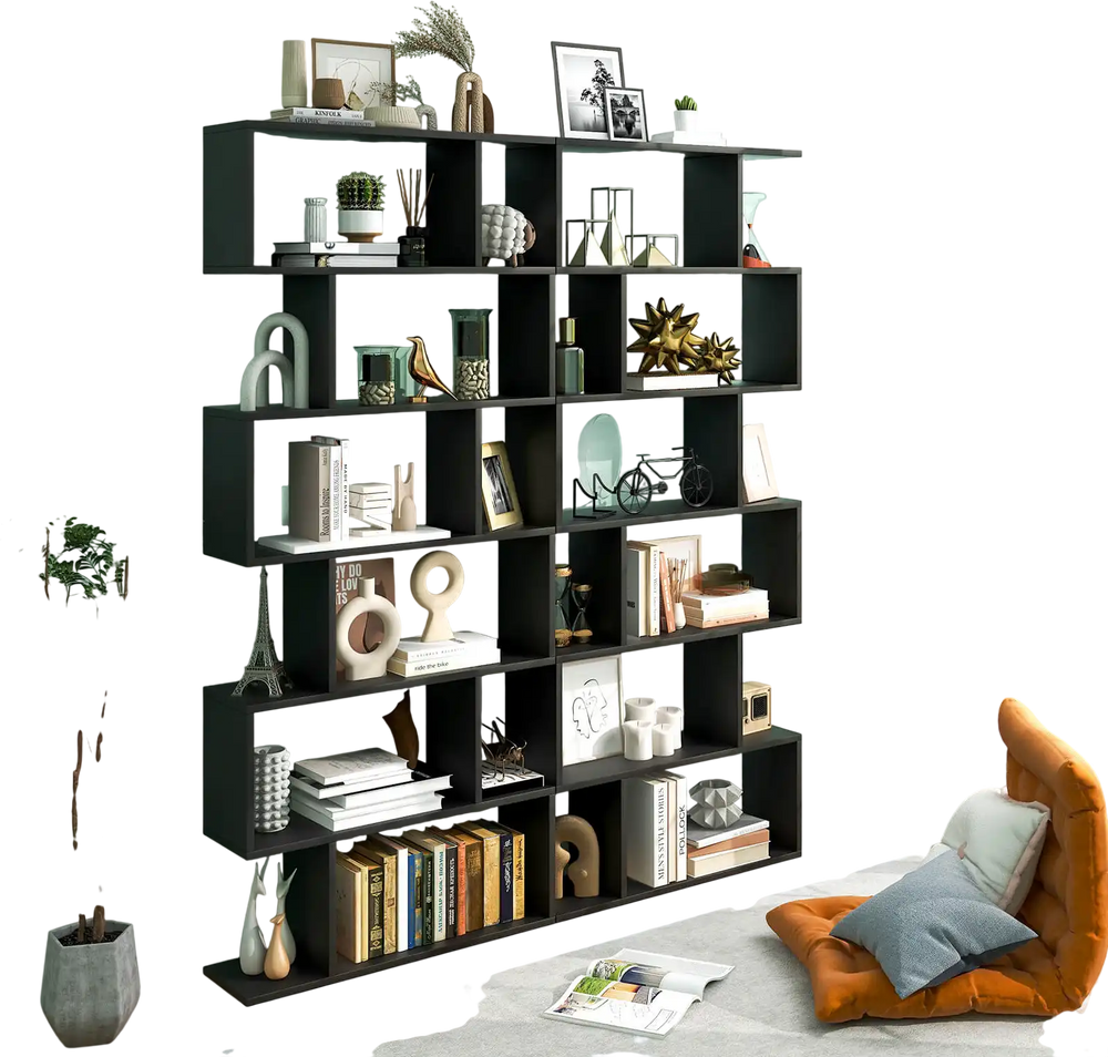 S-shaped black 6-tier bookshelf with spacious compartments for display and storage, perfect for modern home decor.