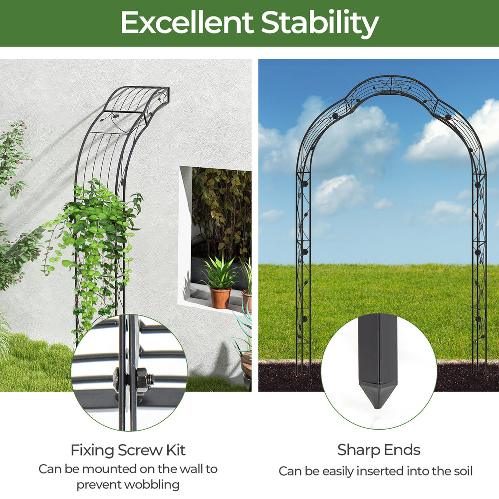 Garden arch trellis with sharp ends for easy soil insertion, sturdy black metal frame for climbing plants and.